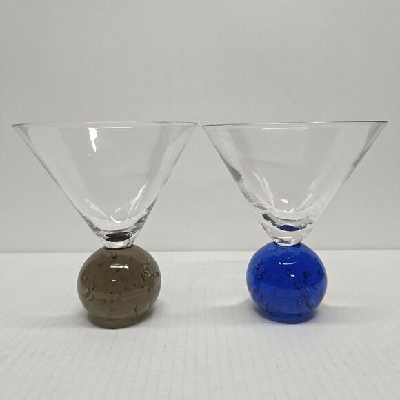 Vintage MCM Bullicante Controlled Bubbles Ball Base Martini Glasses Brown Blue - Picture 9 of 9